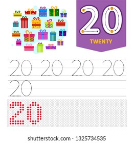Kids learning material. Card for learning numbers. Number 20. Cartoon gifts.