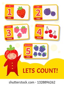 Kids learning material. Card for learning numbers. Number 1-5. Cartoon fruits. Illustration of cute baby in strawberry costume.