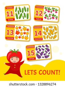 Kids learning material. Card for learning numbers. Number 11-15. Cartoon vegetables. Illustration of cute baby in tomato costume.