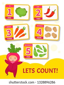 Kids learning material. Card for learning numbers. Number 1-5. Cartoon vegetables. Illustration of cute baby in radish costume.