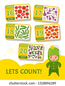 Kids learning material. Card for learning numbers. Number 16-20. Cartoon vegetables. Illustration of cute baby in cucumber costume.