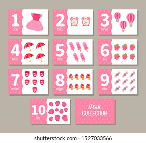 Kids learning material. Card for learning numbers. Number 1-10.  Pink collection.