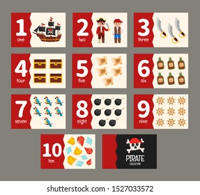 Kids learning material. Card for learning numbers. Number 1-10.  Pirate collection.