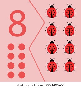 Kids learning material. Card for learning numbers. Number 8. Cartoon ladybag.