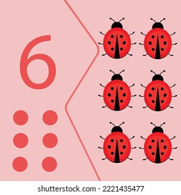 Kids learning material. Card for learning numbers. Number 6. Cartoon ladybag.