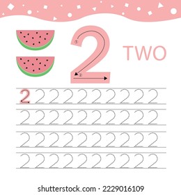 Kids learning material. Card for learning numbers. Number 2 and watermelon