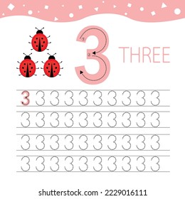 Kids learning material. Card for learning numbers. Number 3 and ladybug