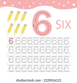 Kids learning material. Card for learning numbers. Number 6  and stationery pencil