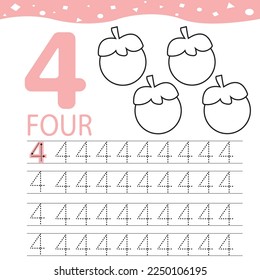 Kids learning material. Card for learning numbers and paint mangosteen fruit . Number 4.