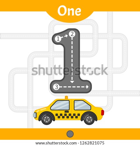 Kids learning material. Card for learning numbers. Number 1. Cartoon transport.