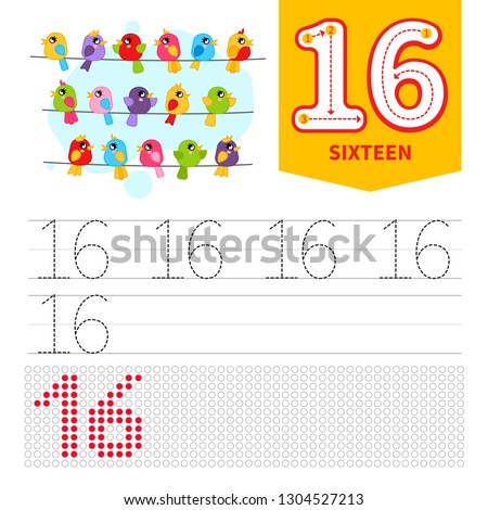 Kids learning material. Card for learning numbers. Number 16. Cartoon 
cute birds.