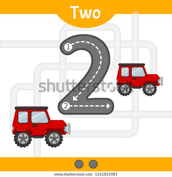 Kids learning material. Card for learning\
numbers. Number 2. Cartoon\
transport.