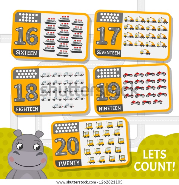 Kids learning material. Card for learning
numbers. Number 16-20. Cartoon
transport.