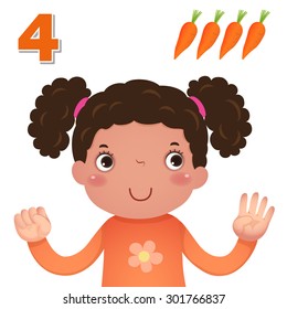 Kids learning material. Learn number and counting with kids hand showing the number four