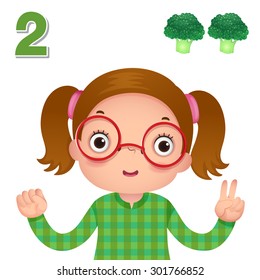 Kids learning material. Learn number and counting with kids hand showing the number two