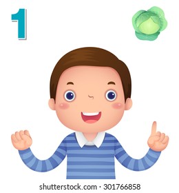 Kids learning material. Learn number and counting with kids hand showing the number one