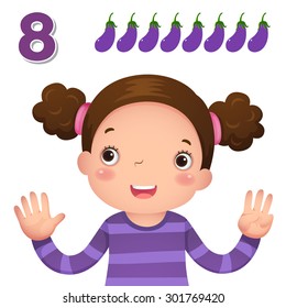 Kids learning material. Learn number and counting with kids hand showing the number eight