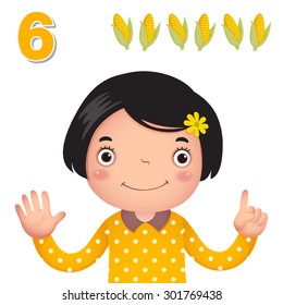 Kids learning material. Learn number and counting with kids hand showing the number six