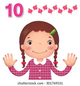 Kids learning material. Learn number and counting with kids hand showing the number ten