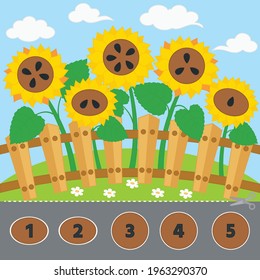 Kids learning material. Of Match By Count Exercise. Sunflowers. Worksheet for children. Activity for presсhool years kids and toddlers.