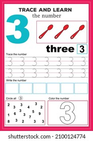 material didáctico para niños. hoja de cálculo de seguimiento de números. número 3