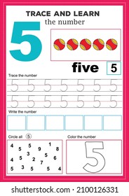 material didáctico para niños. hoja de cálculo de seguimiento de números. número 5