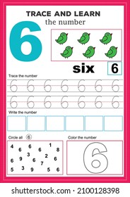 material didáctico para niños. hoja de cálculo de seguimiento de números. número 6