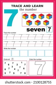 material didáctico para niños. hoja de cálculo de seguimiento de números. número 7