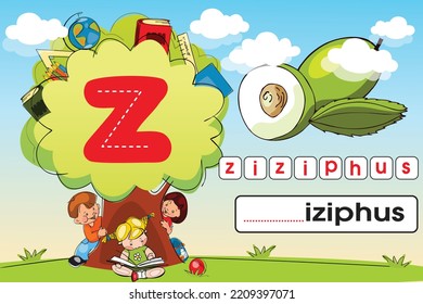 Kids learning material. Play land Worksheet for learning alphabet. Kids Playing with Tree. Letter z