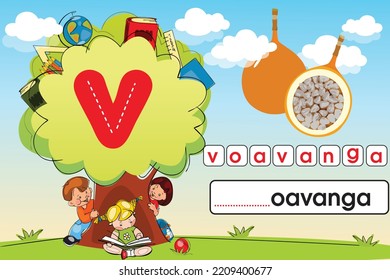 Kids learning material. Play land Worksheet for learning alphabet. Kids Playing with Tree. Letter v.