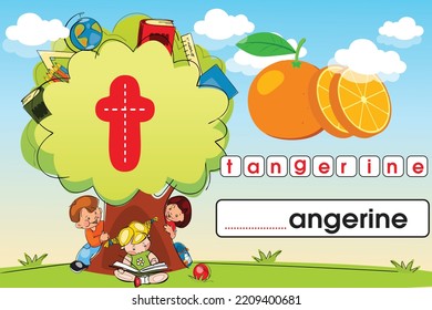 Kids learning material. Play land Worksheet for learning alphabet. Kids Playing with Tree. Letter t.