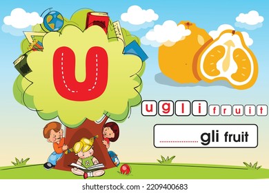 Material didáctico para niños. Reproducir hoja de cálculo terrestre para aprender el alfabeto. Niños jugando con el árbol. Carta u.