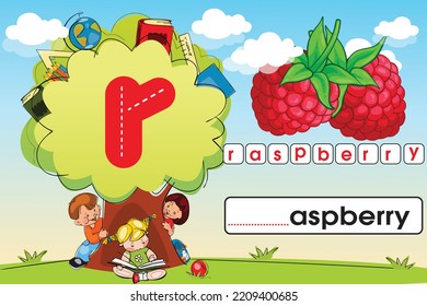 Kids learning material. Play land Worksheet for learning alphabet. Kids Playing with Tree. Letter r.