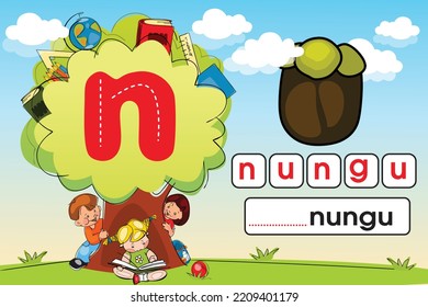 Kids learning material. Play land Worksheet for learning alphabet. Kids Playing with Tree. Letter n.