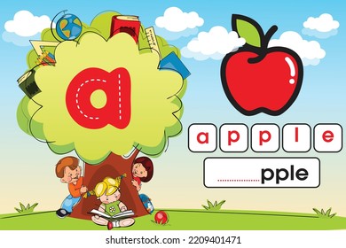 Material didáctico para niños. Reproducir hoja de cálculo terrestre para aprender el alfabeto. Niños jugando con el árbol. Carta a.