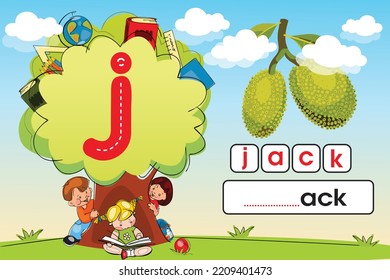 Kids learning material. Play land Worksheet for learning alphabet. Kids Playing with Tree. Letter j.