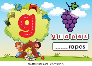 Kids learning material. Play land Worksheet for learning alphabet. Kids Playing with Tree. Letter g