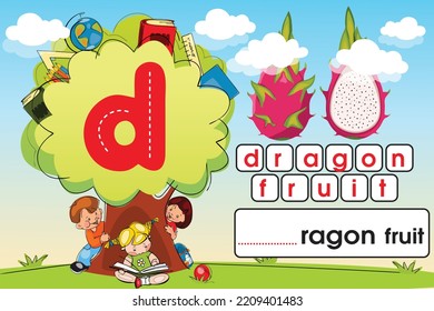 Kids learning material. Play land Worksheet for learning alphabet. Kids Playing with Tree. Letter d.