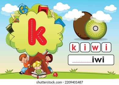Kids learning material. Play land Worksheet for learning alphabet. Kids Playing with Tree. Letter k.