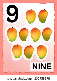 Kids learning material. printable number nine card with an illustration of 9 mangoes