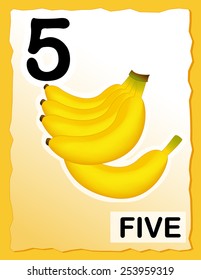 Kids learning material. printable number 5 card with an illustration of bananas