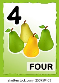 Kids learning material. printable number four card with an illustration of pears