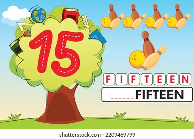Kids learning material. Tree and Garden Play land Worksheet for learning numbers. Number 15.