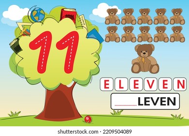Kids learning material. Tree and Garden Play land Worksheet for learning numbers. Number 11.