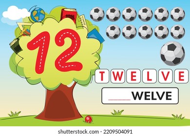 Kids learning material. Tree and Garden Play land Worksheet for learning numbers. Number 12.