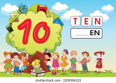 Kids learning material. Tree and Garden Play land Worksheet for learning numbers. Number 10.