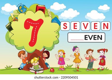 Kids learning material. Tree and Garden Play land Worksheet for learning numbers. Number 7.