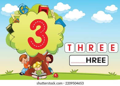 Kids learning material. Tree and Garden Play land Worksheet for learning numbers. Number 3.