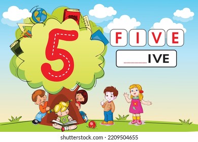 Kinder lernen Material. Baum und Garten spielen Land-Arbeitsblatt für Lernnummern. Nummer 5.