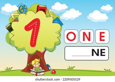 Kids learning material. Tree and Garden Play land Worksheet for learning numbers. Number 1.